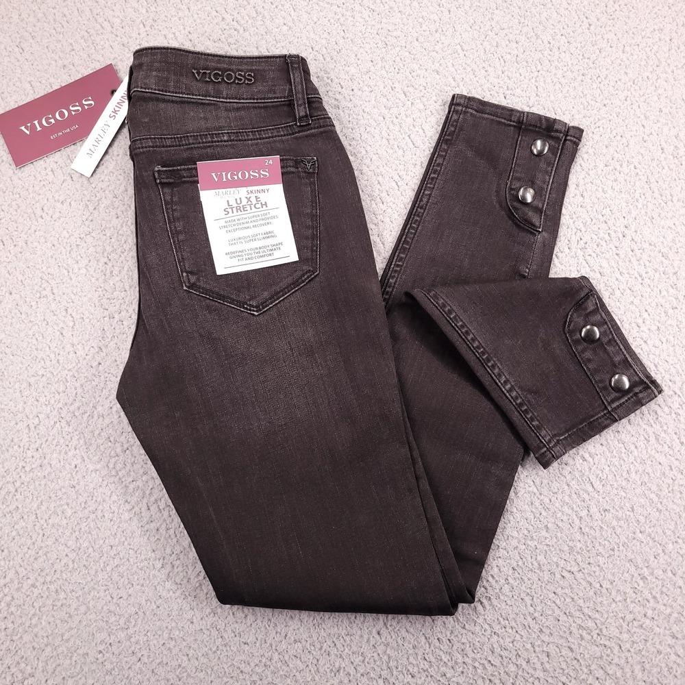 VIGOSS Jeans Size 24 Marley Mid Rise Skinny Snap Hem Luxe Black Denim NEW